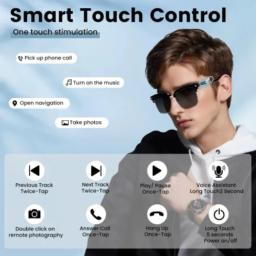 Vista 5 de Lentes inteligentes con Bluetooth, para hombres y mujeres, control táctil, protección UV al aire libre y control de voz, llamadas manos libres
