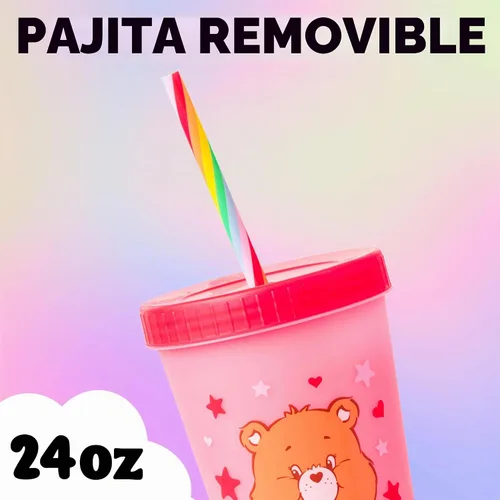 Vista 3 de Silver Buffalo Care Bears Corazones y Estrellas Juego de 4 Vasos de Plástico Cambian de Color con Popotes de Espiral Arcoíris con Tenderheart