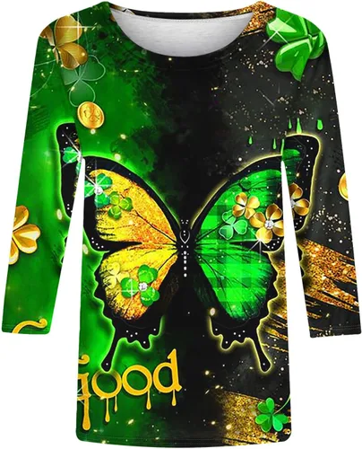 Vista 4 de Womens 34 Sleeve Graphic T-Shirts Shamrock Print Tops Round Neck Blouse St Patricks Day Pullover Tees Elegant Tunic