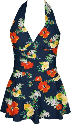 Vista 4 de Omichic Traje de baño tankini halter de dos piezas para mujer, con control de abdomen, cuello en V, con pantalones cortos