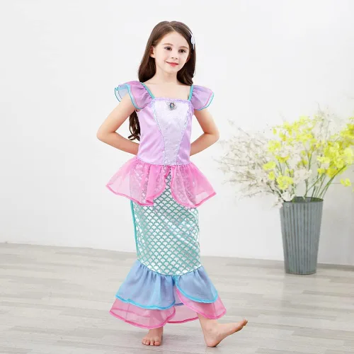 Vista 3 de Ficlwigkis Disfraz de sirena para niños vestido de fiesta de lentejuelas vestido de sirena pequeña para niñas fiesta de cumpleaños cosplay 3-10 años
