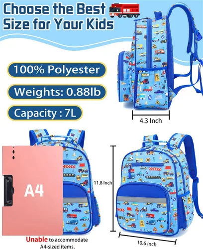 Vista 6 de VANKEV Mochila para niños y niñas, bonita mochila ligera para preescolar, jardín de infantes, primaria, escuela primaria, Carros azules, 7L