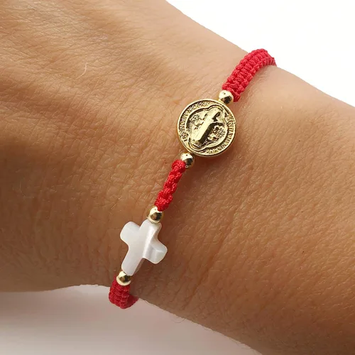 Vista 3 de Hand-Woven Thread Bracelet for Women with St. Benedict Medal and Small Nacre Cross - Adjustable Size and Perfect for Women