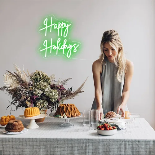 Vista 6 de Letrero de neón con texto en inglés "Happy Holidays", regulable, luz de neón LED verde, alimentada por USB, para dormitorio universitario