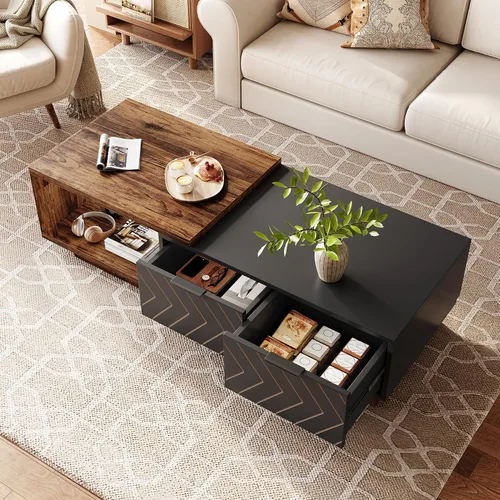 Vista 5 de LITTLE TREE Mesa auxiliar de madera expandible con 2 cajones, mesa central rectangular de granja que ahorra espacio, perfecta para sala de estar