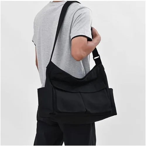 Vista 6 de Lauthen.S Bolsa de lona estilo hobo estilo grunge, bolsa cruzada para mujeres y hombres, bolsa de mensajero grande con múltiples bolsillos
