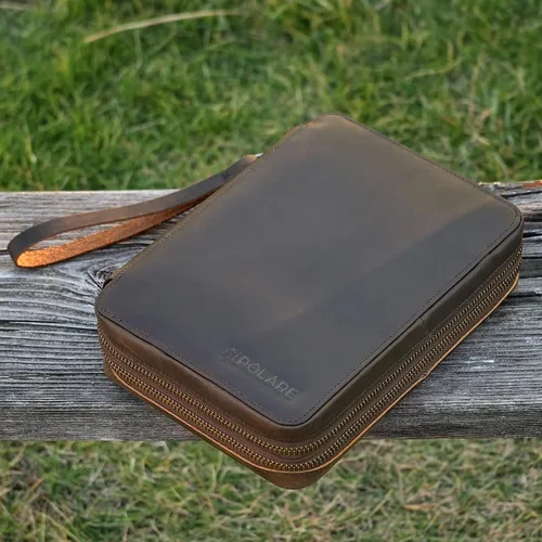 Vista 2 de Polare - Funda organizadora de cables de viaje de cuero de grano completo, bolsa de transporte de accesorios electrónicos de doble capa
