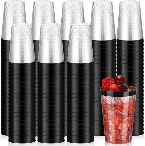 Vista 8 de Patelai 100 piezas de vasos de plástico verdes de 12 onzas, vasos de plástico con borde verde resistentes, vasos desechables para vino, vasos