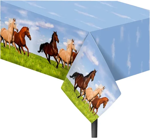 Vista 2 de Lide Road Mantel de carreras de caballos, paquete de 3 fundas de mesa de caballos de 54 x 87 pulgadas, suministros para fiesta de caballos, manteles