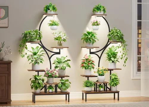 Vista 3 de Soporte para plantas de interior con luces de crecimiento, estante para plantas de interior de 7 niveles con base elevada y gancho para colgar