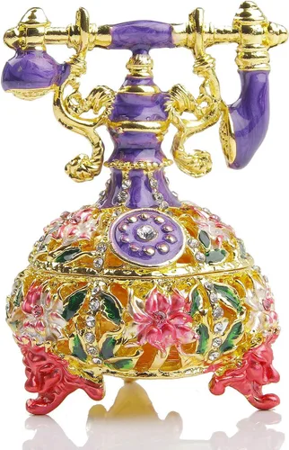 Vista 14 de SEVENBEES Figuras de teléfono turquesa, caja esmaltada con bisagras con cristales rosados, joyeros decorativos, coleccionables, regalos para niñas