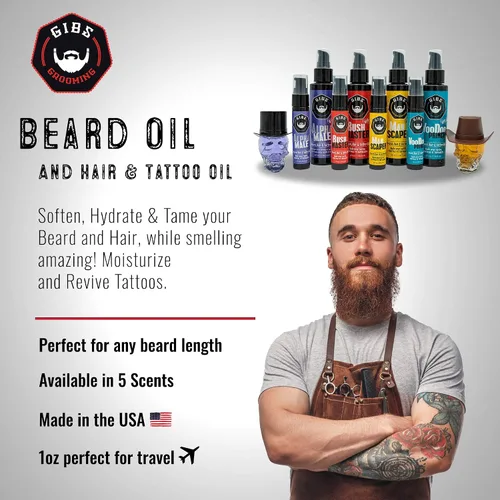 Vista 4 de GIBS Grooming - Beard, Hair & Tattoo Oil (1 fl oz) Collectible Glass Bottle - Softens & Strengthens - Skin Moisturizer - Vitamin C - UV Shield