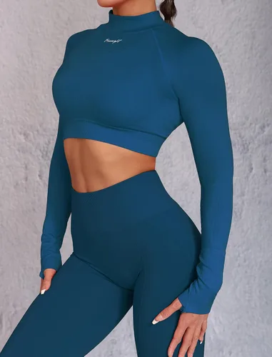 Vista 3 de FRESOUGHT Camiseta corta de manga larga para mujer, sin costuras, atlética, ropa deportiva, para gimnasio, yoga, correr, cuello alto falso