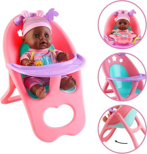 Vista 8 de deAO Conjunto de Muñeca Bebé Negra - Móvil, Silla Alta, Cochecito y Accesorios de Alimentación - Juego de 21 Piezas (Muñeca Incluida) 21 PCS Baby
