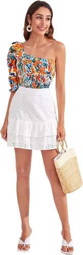 Vista 5 de SheIn Blusa de manga corta con estampado de volantes para mujer