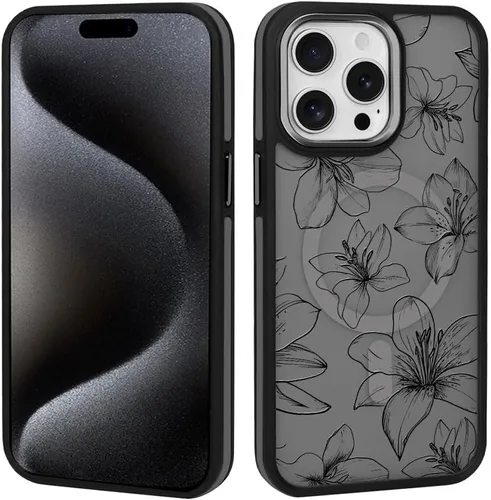 Vista 2 de DAIZAG Funda magnética para iPhone 13, [esquinas a prueba de golpes] [compatible con MagSafe], funda negra translúcida mate, estética floral de flor