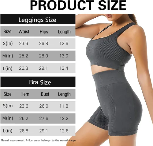 Vista 6 de JOTEUS - Conjunto de yoga de 2 piezas sin costuras, acanalado, brasier deportivo de cintura alta, pantalones cortos de gimnasio, conjuntos de ropa