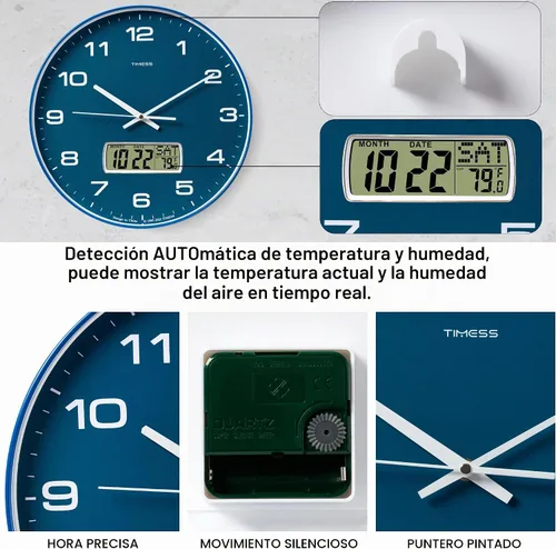 Vista 5 de Reloj de pared TIMESS, de 14" de gran dial, silencioso, sin tictac, funciona con pilas, analógico con pantalla LCD para calendario perpetuo y Azul