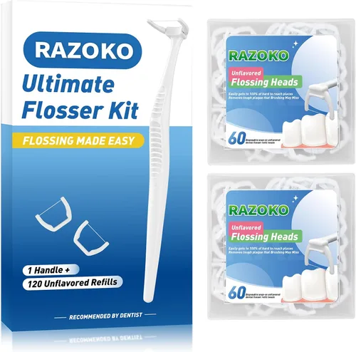 Vista 9 de RAZOKO Kit de hilo dental de mango largo (1 mango verde + 120 recambios) Púas de hilo dentales extra fuertes resistentes a la rotura para dientes
