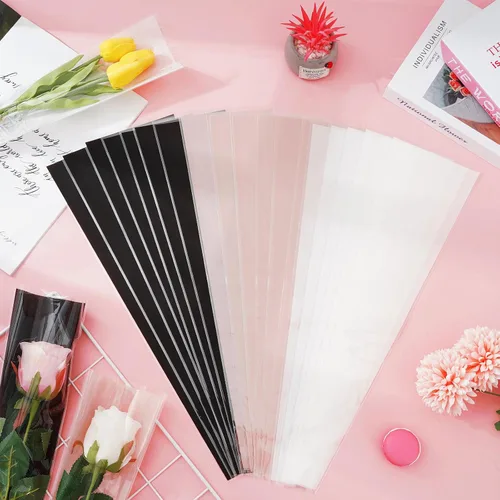 Vista 4 de Whaline 150 bolsas de plástico con mangas de rosas individuales, color blanco, rosa, negro, bolsas de plástico de celofán para bodas, cumpleaños