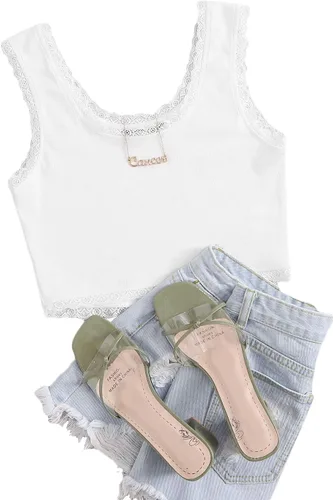 Vista 5 de Verdusa Camiseta corta sin mangas con cuello redondo y encaje en contraste para mujer