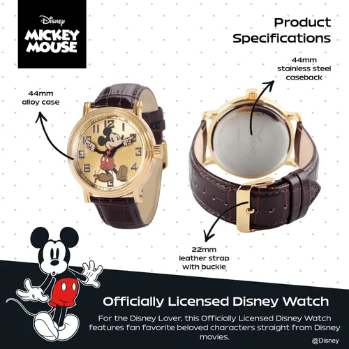 Vista 3 de Disney Mickey Mouse - Reloj de cuarzo analógico para adultos, Marrón, Reloj de cuarzo