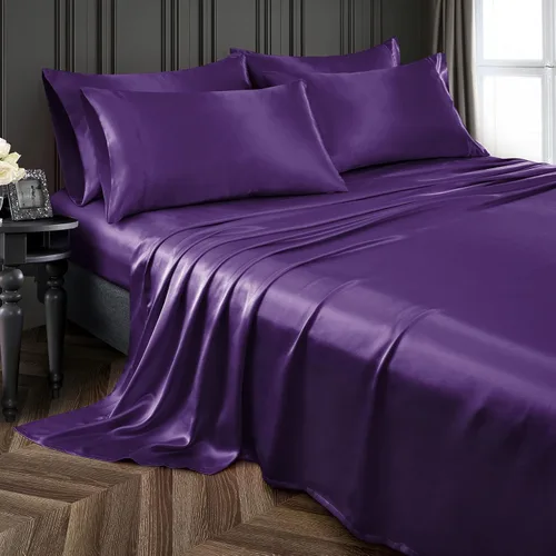 Vista 19 de Juego de sábanas de 6 piezas de lujo de satén sedoso suave y sedoso de alta calidad, bolsillos profundos de 12 pulgadas, juego de ropa de cama