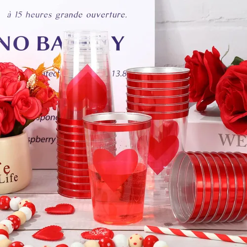 Vista 7 de Whaline Paquete de 32 vasos de plástico transparente para el día de San Valentín, vasos de plástico transparente de 12 onzas con borde rojo