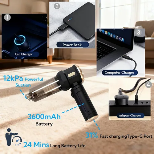 Vista 5 de Aspiradora de mano para automóvil, aspiradora de 12000 Pa y plumero de aire, aspiradora de mano inalámbrica portátil con motor sin escobillas