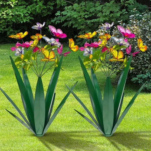 Vista 13 de TOMBABY Jardín al aire libre Mariposas agrandadas de metal espeso resistente al viento Arte de jardín de agave Metal Planta de campo Escultura