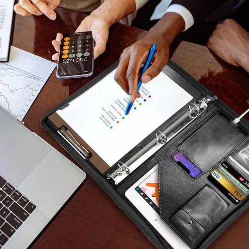 Vista 7 de Organizador de Portafolio con Cremallera, WRIYES Portafolio de Cuero con Carpeta de 3 Anillas, Carpeta Profesional de Negocios, Organizador