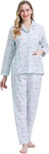 Vista 5 de Amaxer Conjunto de pijama 100% algodón para mujer, de manga larga, suave, con botones, con cordón elástico
