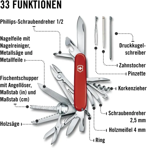 Vista 6 de Victorinox Swiss Champ - Cuchillo suizo del ejército, 33 funciones, navaja de bolsillo de fabricación suiza con hoja grande, destornillador, cincel
