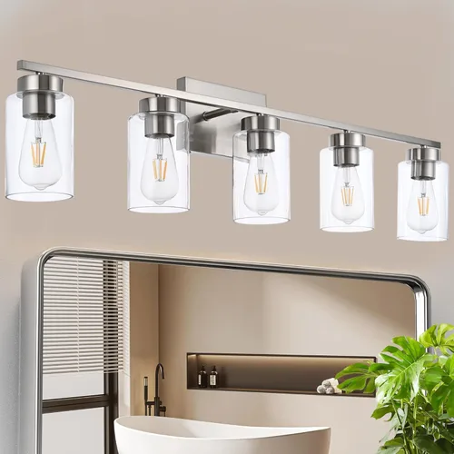 Vista 15 de Lámpara de tocador de baño de 3 luces, modernas luces de pared negras con pantallas de vidrio transparente, lámpara de pared de baño para espejo 3