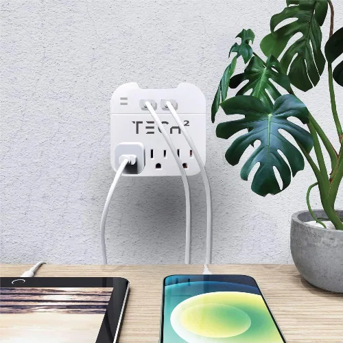 Vista 7 de Protector contra sobretensiones de salida de pared con puertos USB, extensor de 3 salidas con 2 puertos USB (1 USB-C) - Regleta de alimentación