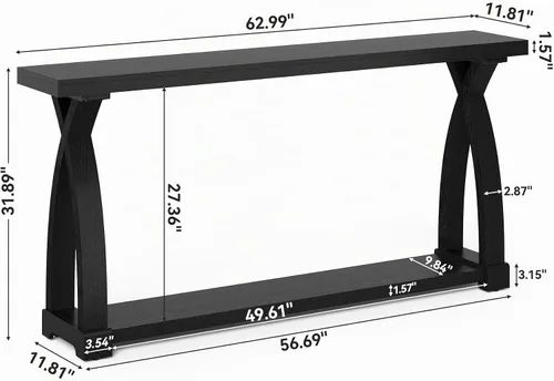 Vista 2 de Mesa consola de madera maciza para entrada, mesa estrecha de 63 pulgadas para sofá con almacenamiento de 2 niveles para entrada, vestíbulo, sala