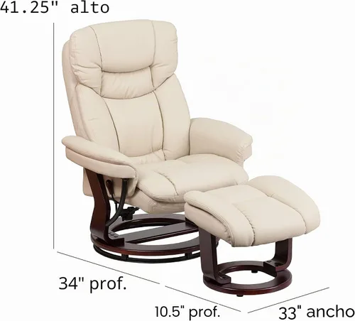 Vista 3 de Sillón reclinable y taburete de piel beige con base giratoria de madera caoba de Flash Furniture, Cuero, Beige Ajuste de palanca, reposabrazos