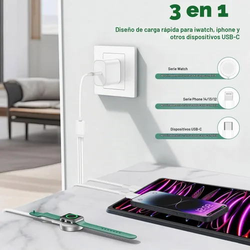 Vista 2 de Cargador iWatch para Apple Watch de carga rápida, cable de carga múltiple de 6 pies con cargador de iPhone, bloque USB C, cable de carga de viaje 3