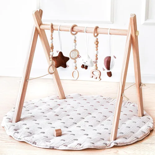 Vista 8 de Gimnasio de madera para bebés plegable con marco de gimnasio, gimnasio de actividades, barra colgante con 5 juguetes naturales para bebés recién Gris