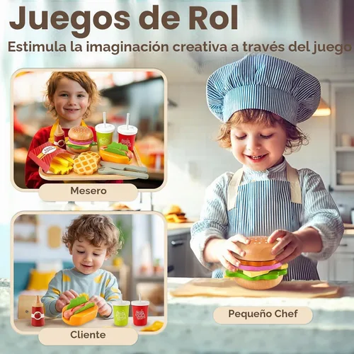 Vista 4 de BUYGER Fast Food Play Food Toys for Kids, Wooden Hamburger Toys for Toddler