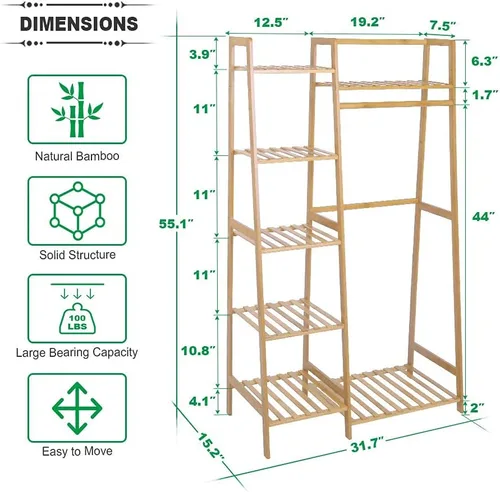 Vista 4 de Ufine Estante de ropa de bambú con estante de almacenamiento Soporte de ropa portátil para dormitorio habitación de invitados