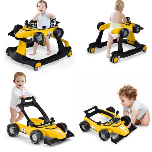 Vista 9 de HONEY JOY Andador de bebé 4 en 1, caminador de actividad con 3 alturas ajustables, ruedas suaves con velocidad ajustable, asiento acolchado, música