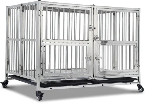Vista 9 de Jaula para perros resistente de 42 pulgadas con ruedas, jaula de acero inoxidable indestructible de alta ansiedad, diseño de cerraduras resistentes