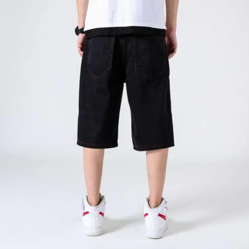 Vista 3 de HZCX FASHION Pantalones cortos de mezclilla largos bordados de talla grande para hombre, debajo de la rodilla, pantalones capri