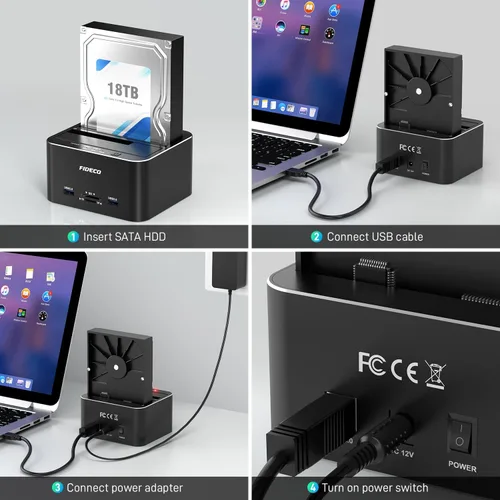 Vista 5 de FIDECO Estación de acoplamiento para disco duro, USB 3.0 Estaciones de acoplamiento de disco duro de aluminio 2.5"/3.5" SATA HDD SSD, lector