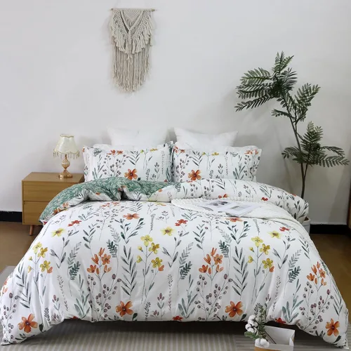 Vista 18 de Helthep Funda de edredón floral tamaño Twin, 100% algodón, con estampado de flores rosas, funda de edredón vintage botánica con hojas verdes, funda