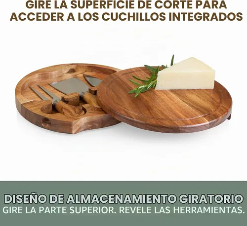 Vista 5 de TOSCANA - un set de tabla de queso de brie de madera de acacia y cuchillo de la marca Picnic Time - Set de tabla de embutidos - Tabla de cortar