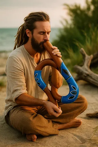 Vista 2 de Didgeridoo en forma de S de madera de caoba de JIVE – Tallado a mano, pintado a mano, tamaño de viaje con tono resonante profundo, popular