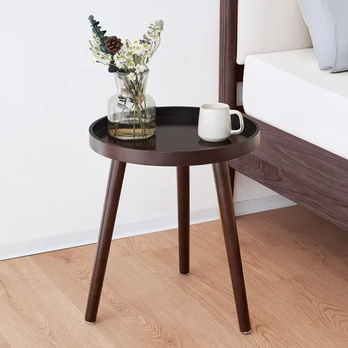Vista 3 de Apicizon - Mesa auxiliar redonda, mesa auxiliar marrón con patas de madera