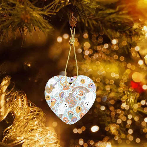 Vista 5 de Adornos de Navidad retro de los años 70, diseño de hongos groovy, arco iris, cerámica, adorno de Navidad, decoración de árbol de Navidad, regalos